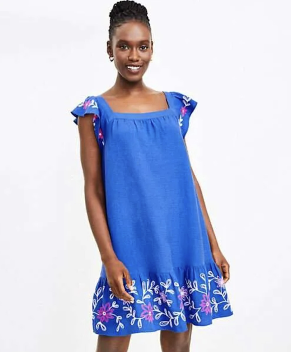 LOFT Dress Womens L Blue Floral Embroidered Linen Viscose Shift Sundress
